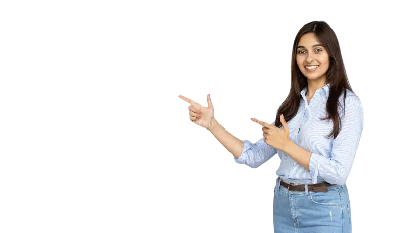 smiling indian woman pointing copy space isolated grey studio background confident young student wear blue jeans shirts 152194135 5img photoroom 5 img