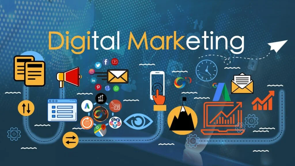 Digital marketing strategy with SEO, social media, email marketing, and analytics.
